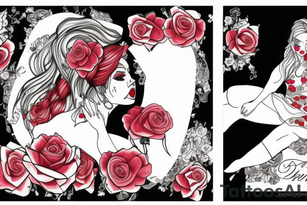 Woman sitting, one arm crossed over, dress with roses print, long blond hair, red lipstick tattoo idea