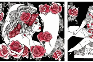 Woman sitting, one arm crossed over, dress with roses print, long blond hair, red lipstick tattoo idea