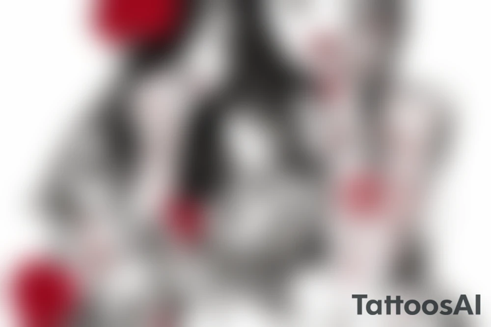 Woman sitting, one arm crossed over, dress with roses print, long blond hair, red lipstick tattoo idea