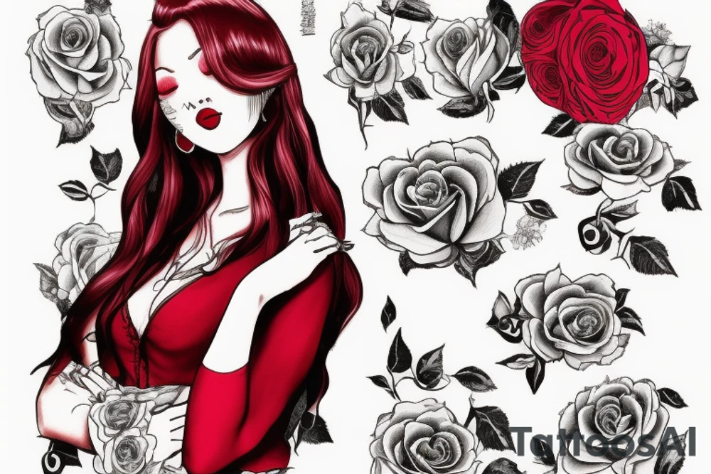 Woman sitting, one arm crossed over, dress with roses print, long blond hair, red lipstick tattoo idea