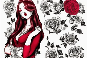 Woman sitting, one arm crossed over, dress with roses print, long blond hair, red lipstick tattoo idea