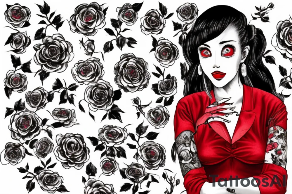 Woman sitting, one arm crossed over, dress with roses print, long blond hair, red lipstick tattoo idea