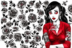 Woman sitting, one arm crossed over, dress with roses print, long blond hair, red lipstick tattoo idea