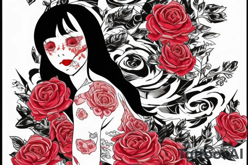 Woman sitting, one arm crossed over, dress with roses print, long blond hair, red lipstick tattoo idea
