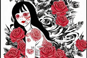 Woman sitting, one arm crossed over, dress with roses print, long blond hair, red lipstick tattoo idea
