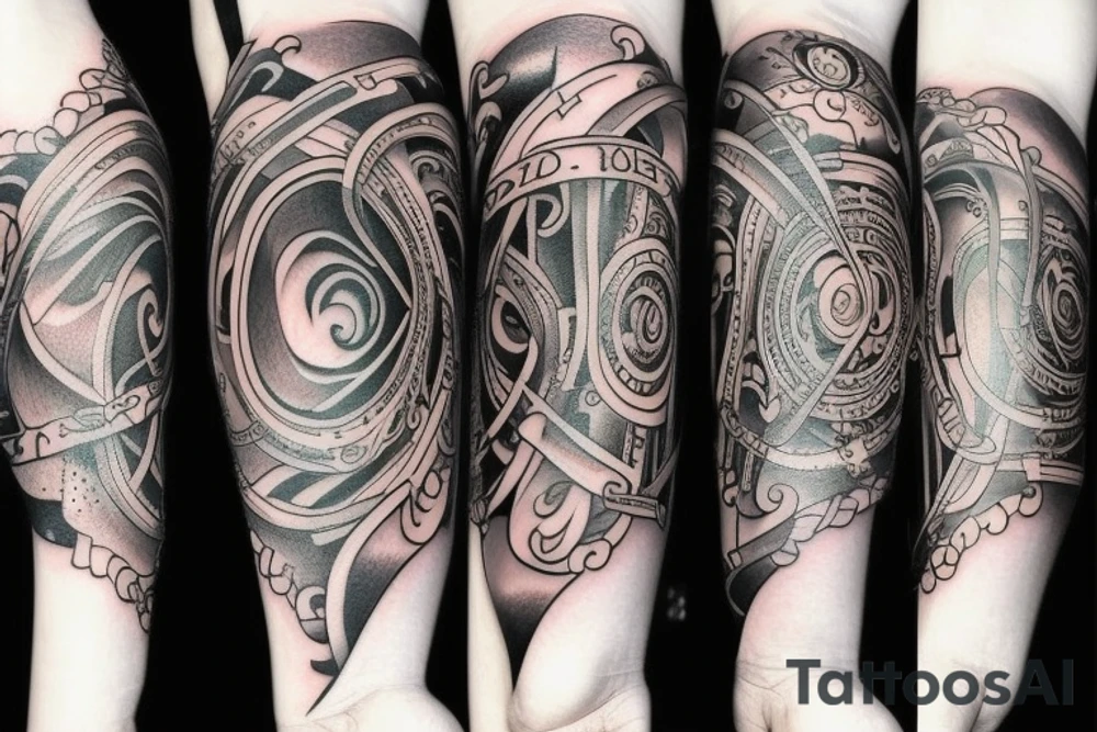 Arm tattoo, Elements of time, symbols of love, spiral staircase tattoo idea