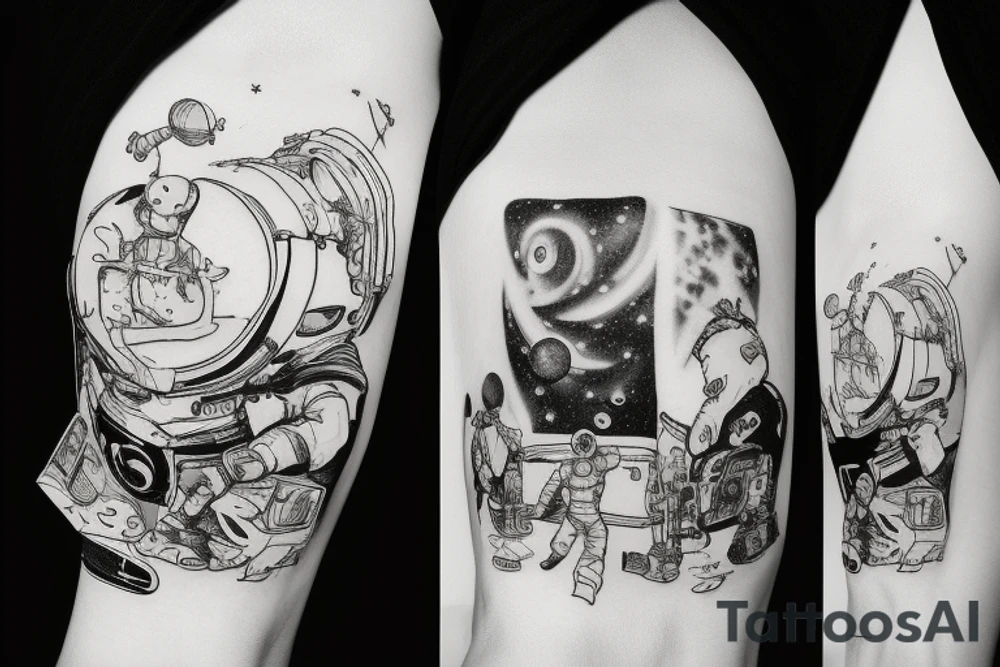 Astronaut floating in space listening to music tattoo idea