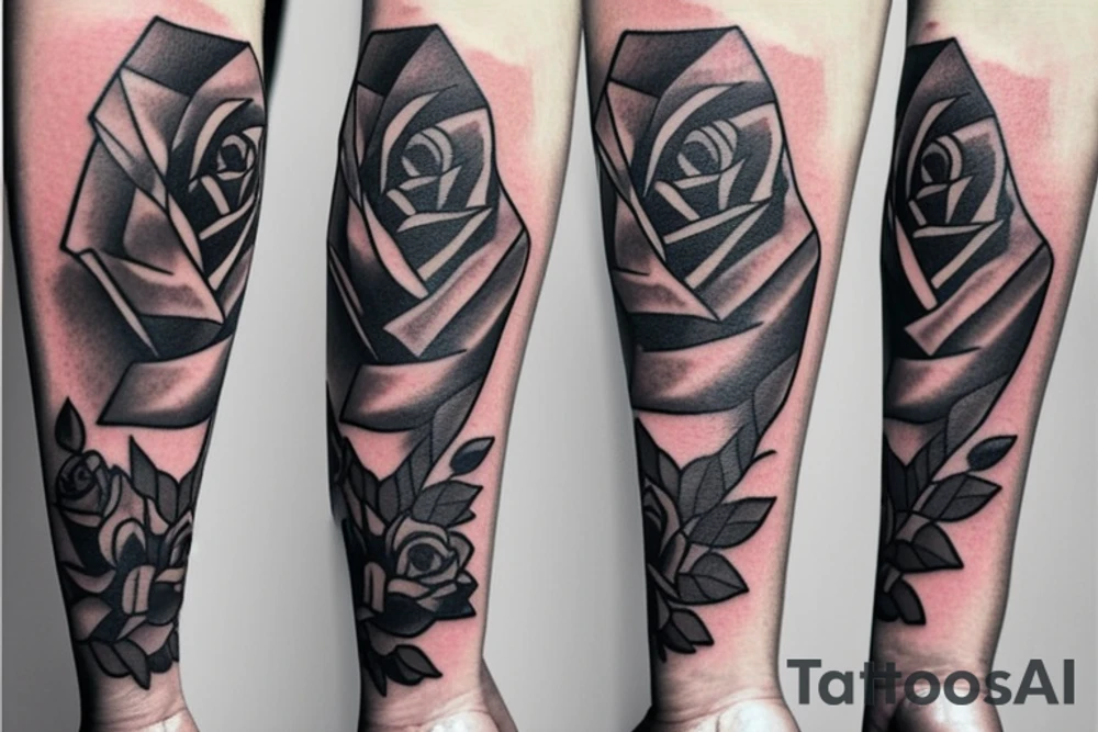 3 roses going up arm with smoke and pyramids tattoo idea
