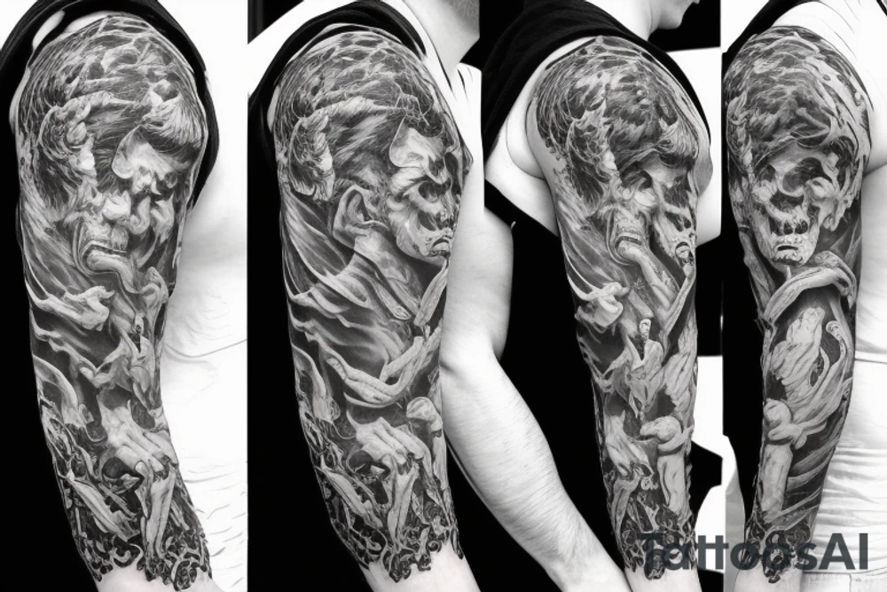 Demon burning in hell sleeve tattoo idea