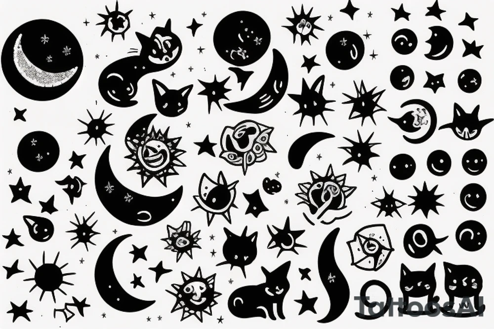 moon, sun, stars, cat tattoo idea