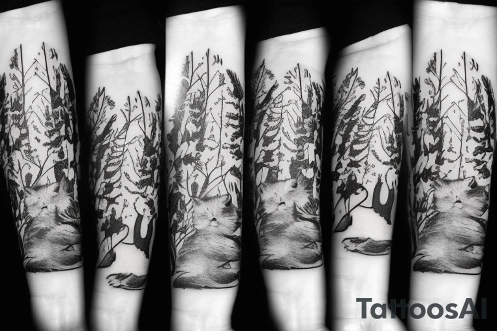 Cat hide in the forest tattoo idea