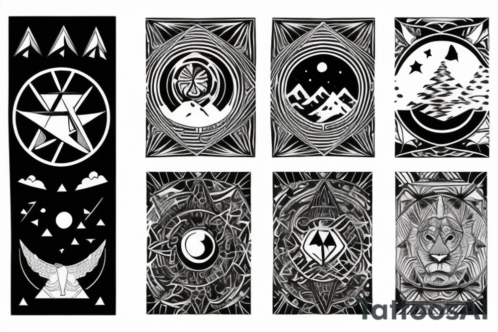Snowboarder, mountain, birds, sky with planets, starsigns, lion tattoo idea