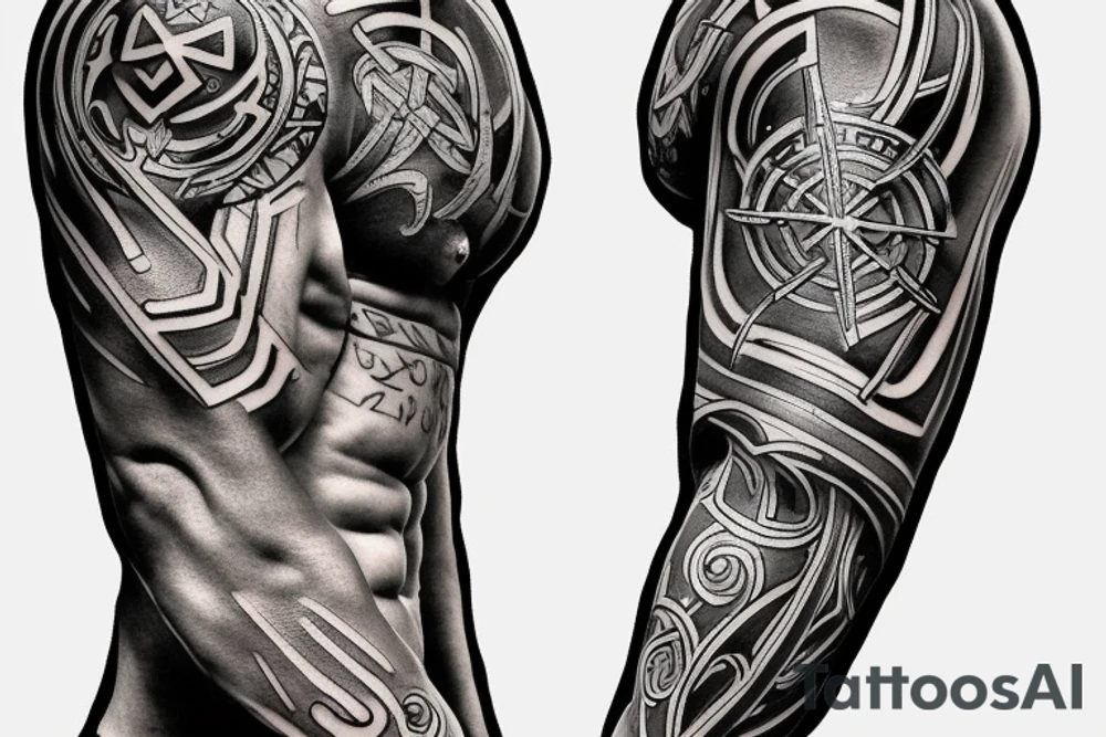 make a full sleeve tattoo for me which includes greek gods, zeus, nordic symbols, greek columns tattoo idea