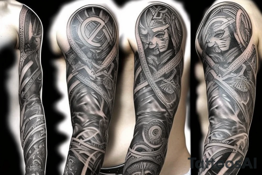 make a full sleeve tattoo for me which includes greek gods, zeus, nordic symbols, greek columns tattoo idea
