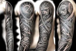 make a full sleeve tattoo for me which includes greek gods, zeus, nordic symbols, greek columns tattoo idea