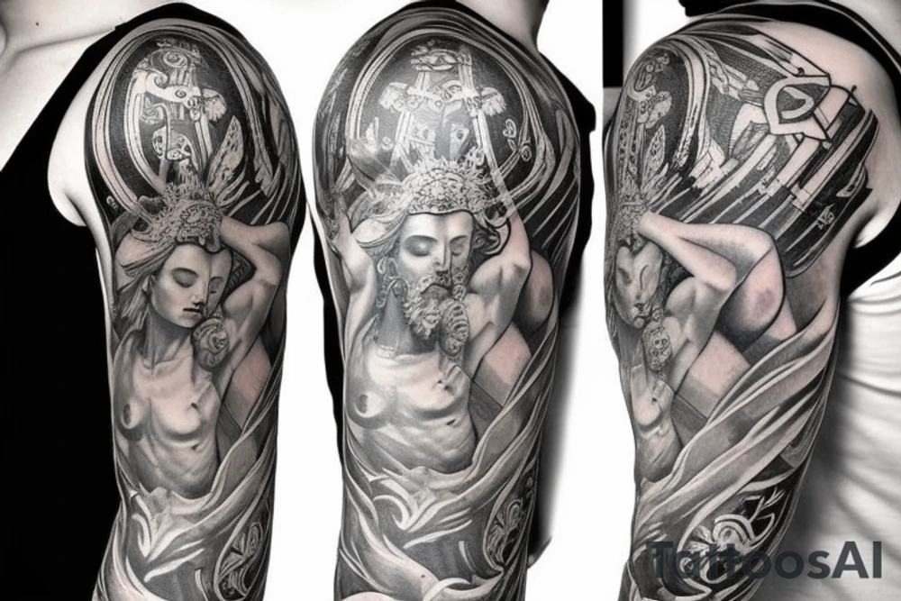 make a full sleeve tattoo for me which includes greek gods, zeus, nordic symbols, greek columns tattoo idea