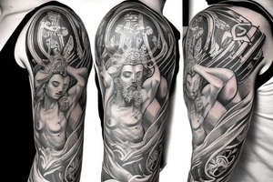 make a full sleeve tattoo for me which includes greek gods, zeus, nordic symbols, greek columns tattoo idea