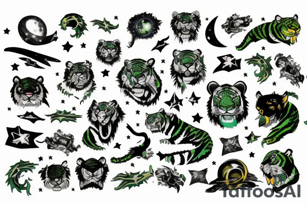 Green sabertooth tiger in space with constellations tattoo idea