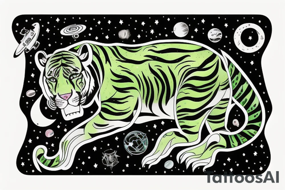 Green sabertooth tiger in space with constellations tattoo idea