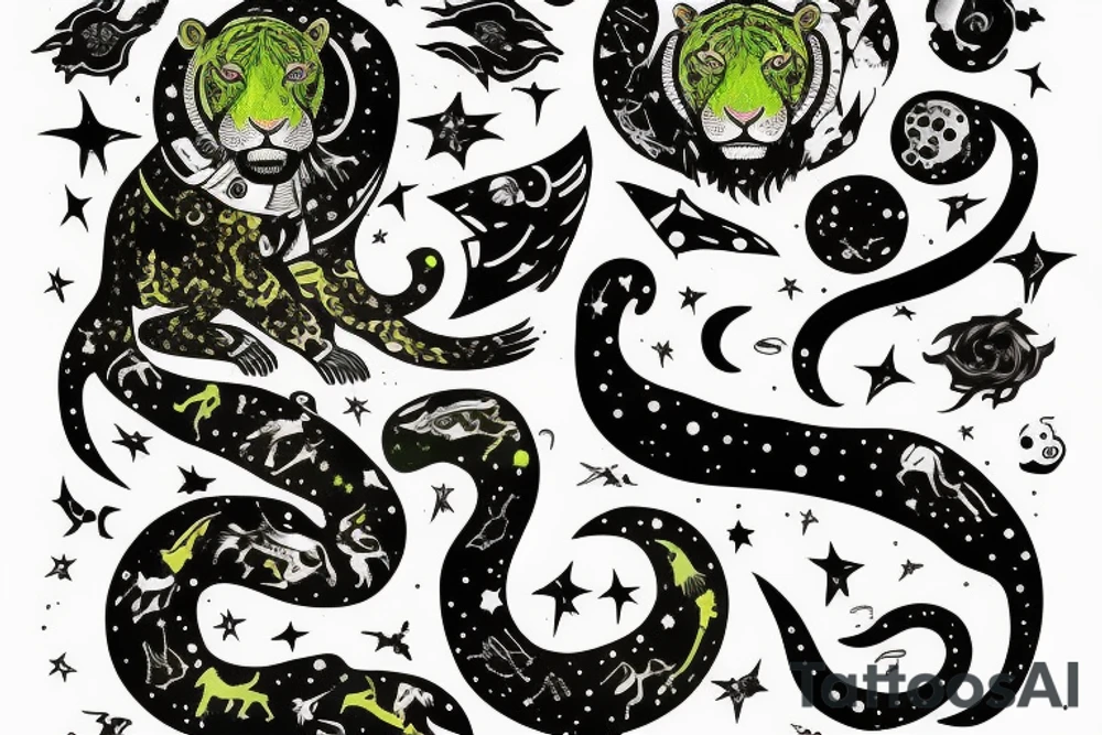 Green sabertooth tiger in space with constellations tattoo idea