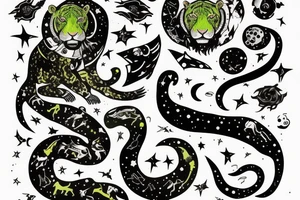 Green sabertooth tiger in space with constellations tattoo idea