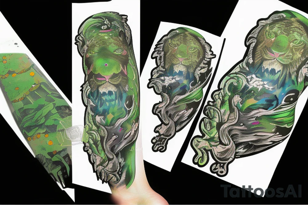 Green sabertooth tiger in space with constellations tattoo idea
