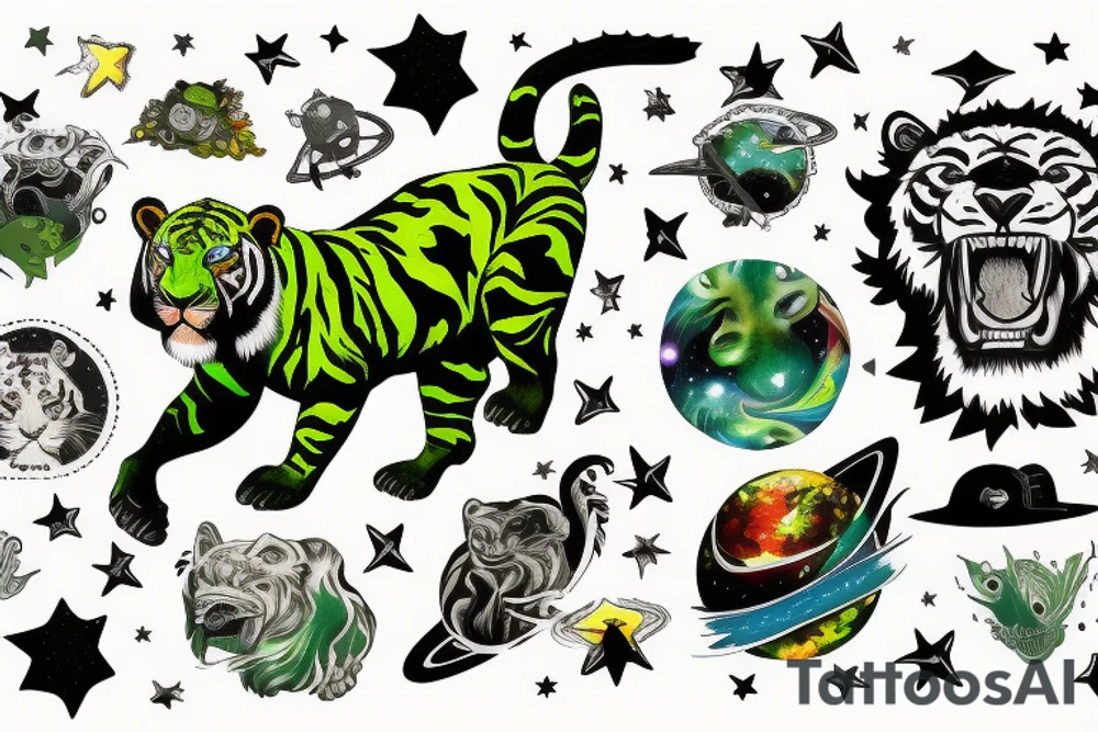 Jumping Green sabertooth tiger in space with stars tattoo idea