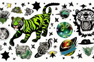 Jumping Green sabertooth tiger in space with stars tattoo idea