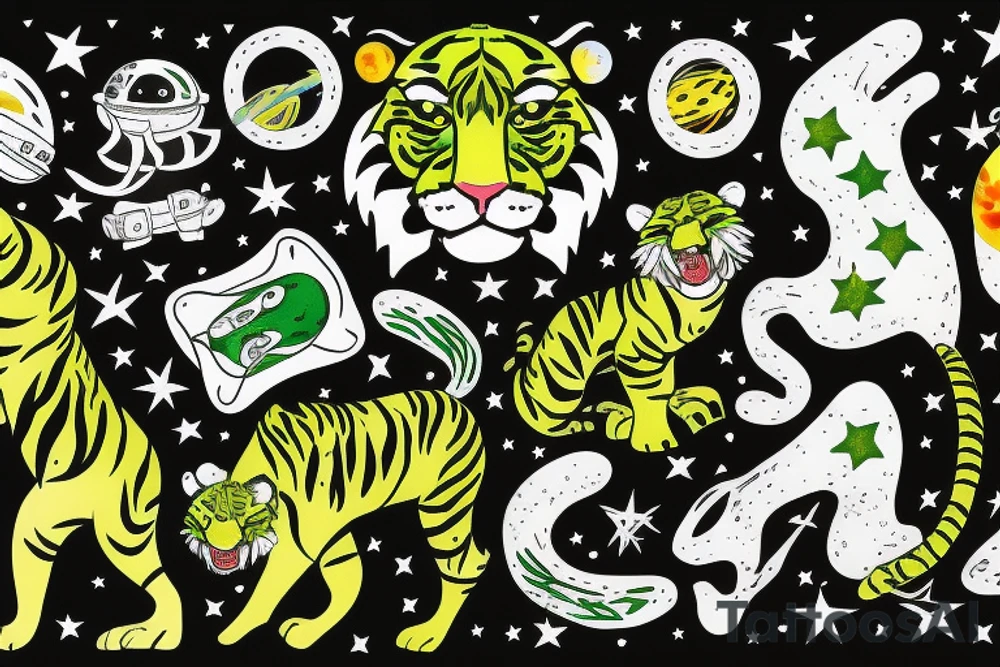 Jumping Green sabertooth tiger in space with stars tattoo idea