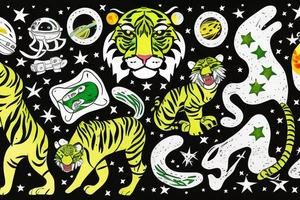 Jumping Green sabertooth tiger in space with stars tattoo idea