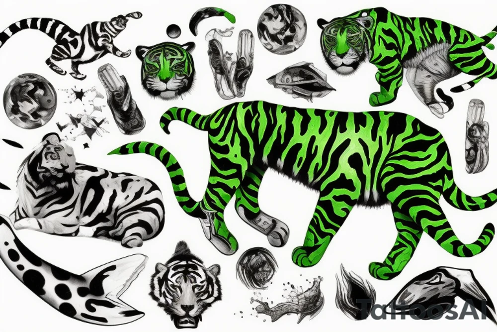 Green tiger jumping through space tattoo idea