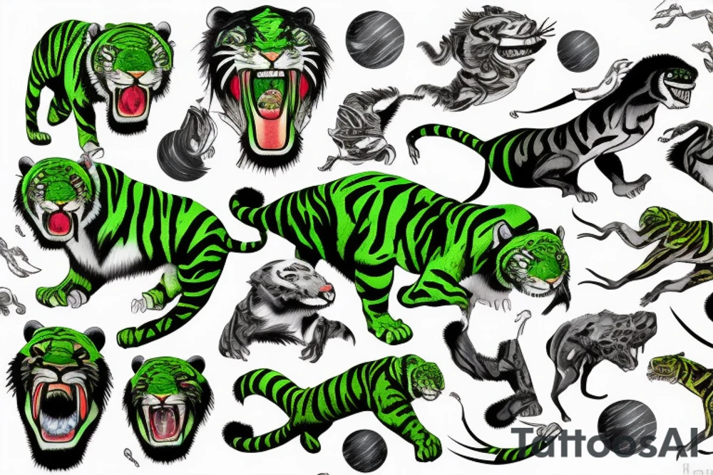 Green sabertooth tiger jumping through space tattoo idea