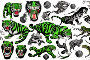 Green sabertooth tiger jumping through space tattoo idea