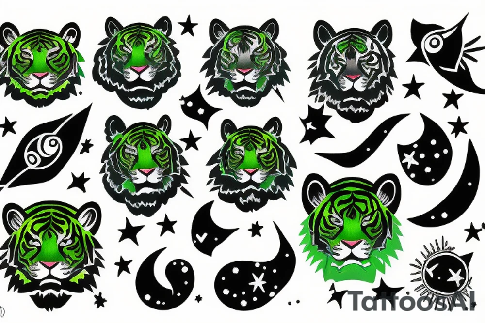 Green tiger with space and constellations tattoo idea