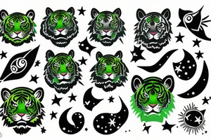 Green tiger with space and constellations tattoo idea