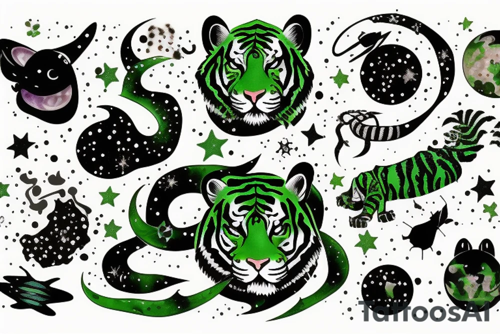 Green tiger with space and constellations tattoo idea