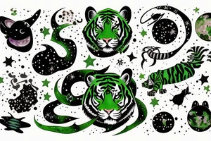 Green tiger with space and constellations tattoo idea