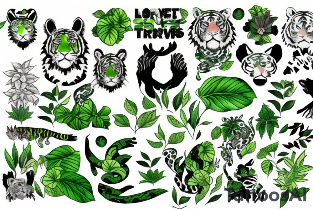 Green tiger with plants and love tattoo idea