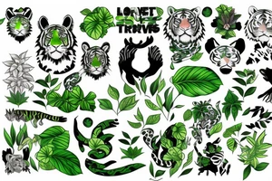 Green tiger with plants and love tattoo idea