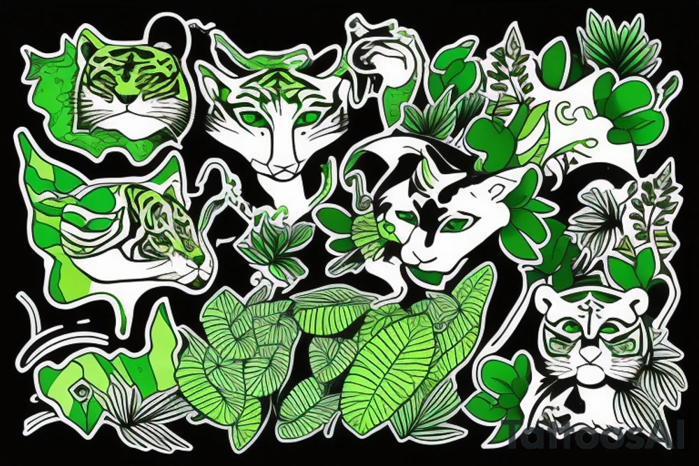 Green tiger with plants and love tattoo idea