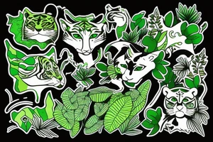 Green tiger with plants and love tattoo idea