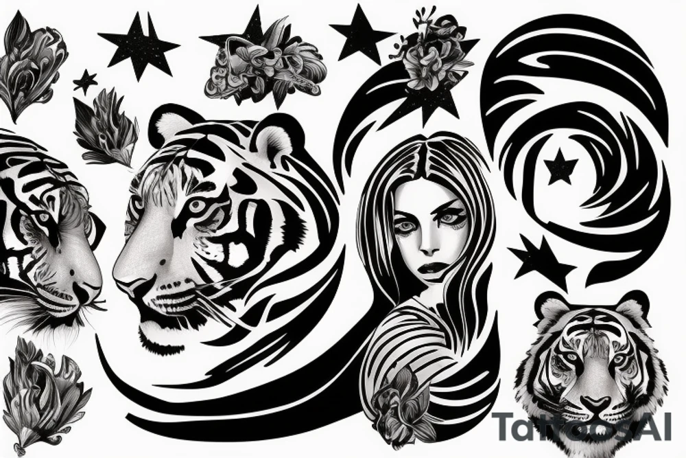 Beautiful woman and tiger and stars tattoo idea