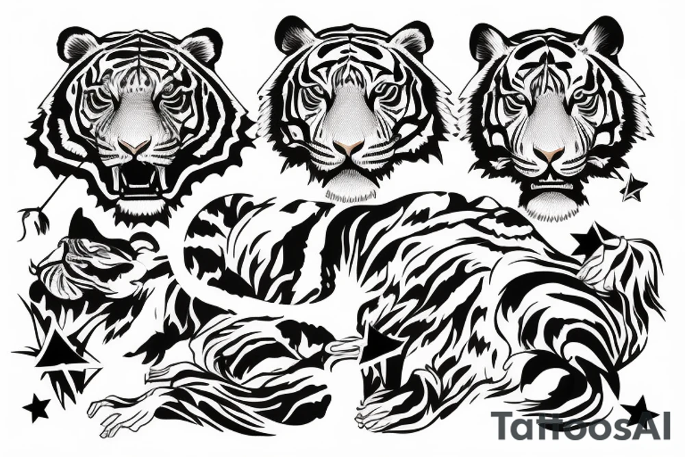 Beautiful woman’s body and tiger and stars tattoo idea