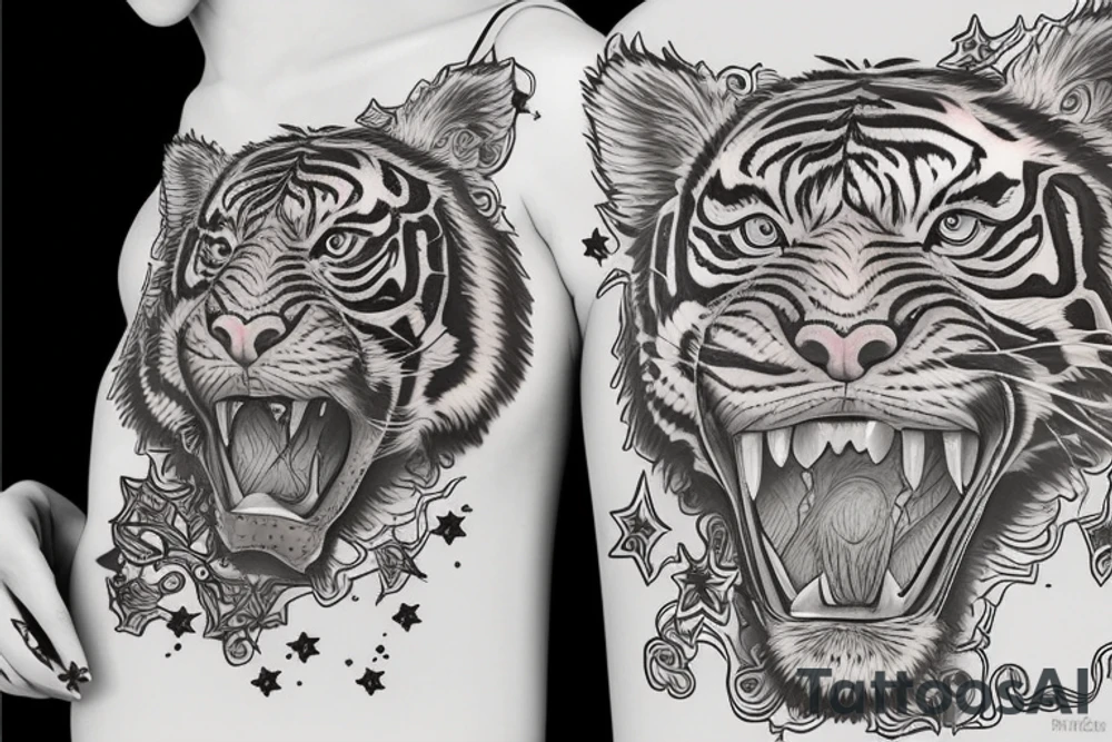 Beautiful woman’s body and tiger and stars tattoo idea