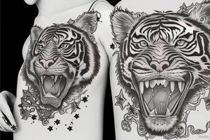 Beautiful woman’s body and tiger and stars tattoo idea
