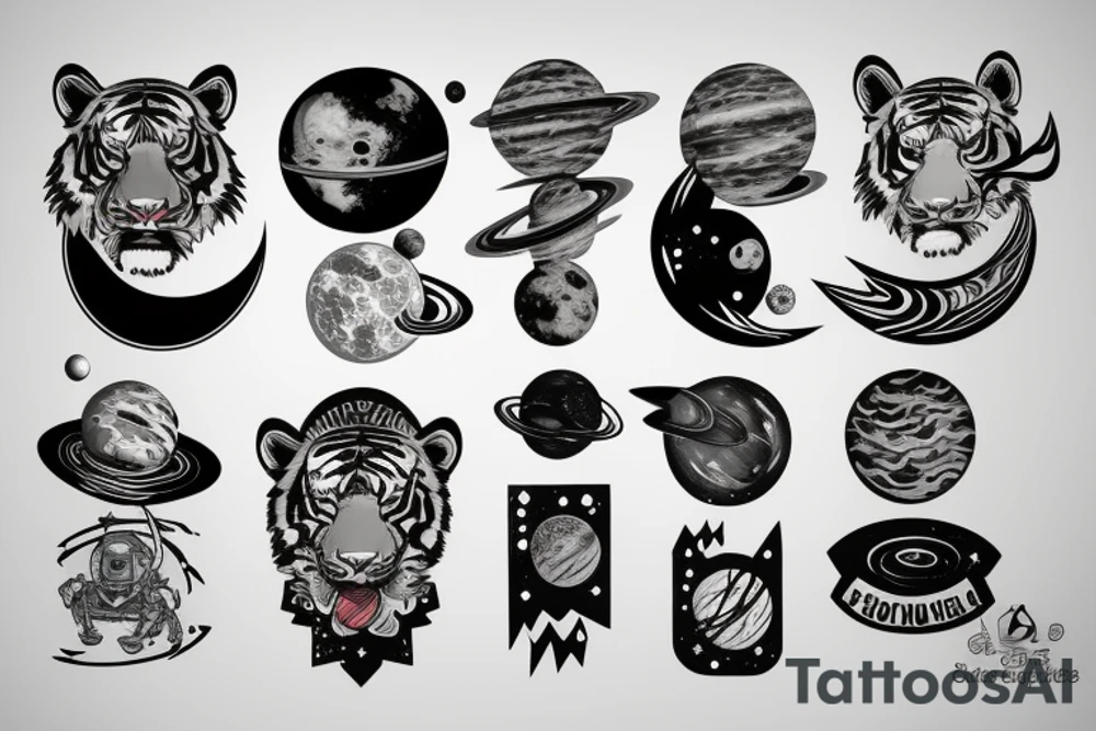 Outer space and tiger and planets tattoo idea