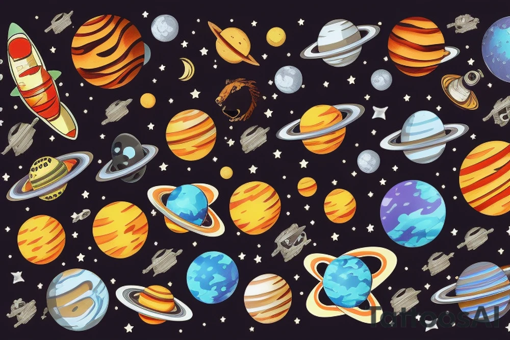 Outer space and tiger and planets tattoo idea