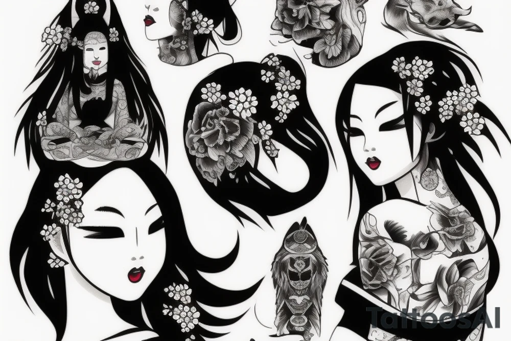 Geishas wolfs tattoo idea