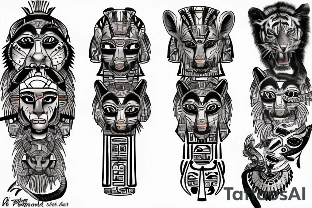 tiger and totem pole and egypt tattoo idea