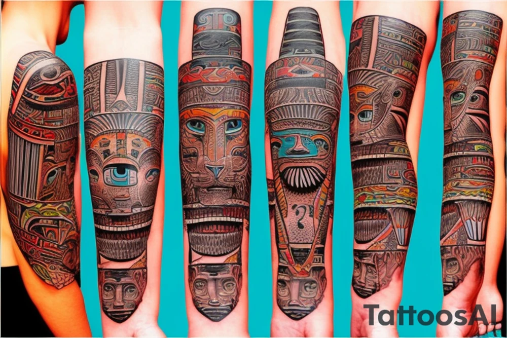 tiger and totem pole and egypt tattoo idea
